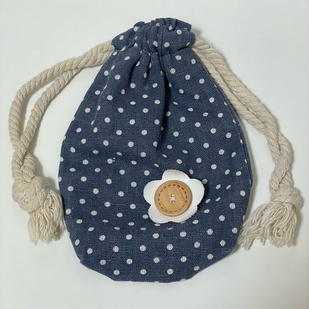 Polka Dot Drawstring Bag with Rope Handles & Cute Button Flower